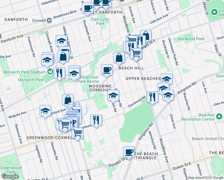 map of restaurants, bars, coffee shops, grocery stores, and more near 7 Fairmount Crescent in Toronto