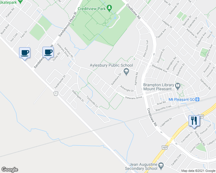 map of restaurants, bars, coffee shops, grocery stores, and more near 64 Veterans Drive in Brampton