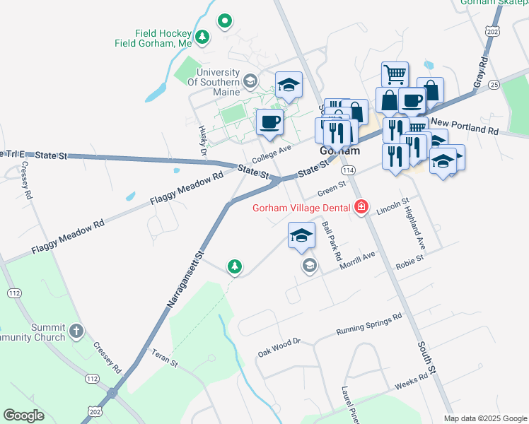 map of restaurants, bars, coffee shops, grocery stores, and more near 3 Fall Lane in Gorham
