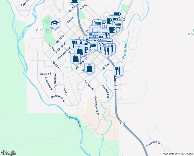 map of restaurants, bars, coffee shops, grocery stores, and more near 220 2nd Avenue South in Ketchum