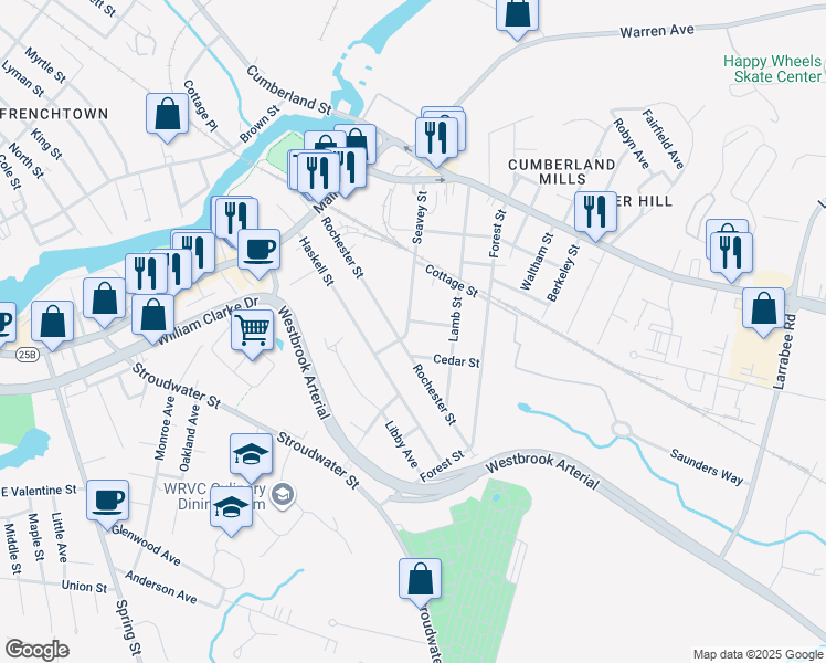 map of restaurants, bars, coffee shops, grocery stores, and more near 20 Gray Street in Westbrook