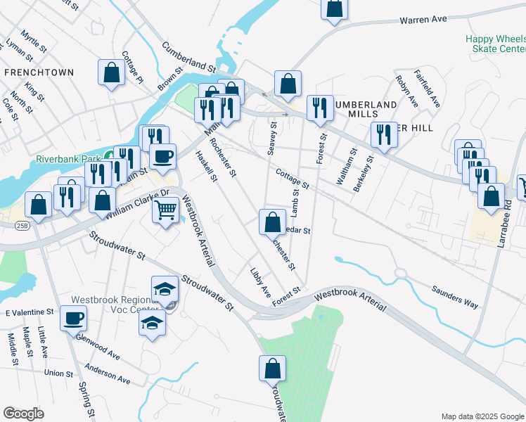 map of restaurants, bars, coffee shops, grocery stores, and more near 20 Gray Street in Westbrook
