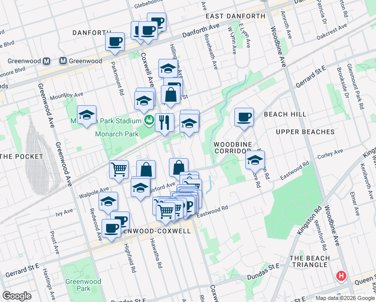 map of restaurants, bars, coffee shops, grocery stores, and more near in Toronto