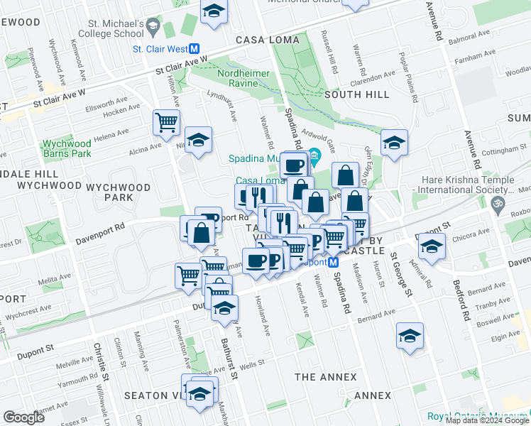 map of restaurants, bars, coffee shops, grocery stores, and more near in Toronto