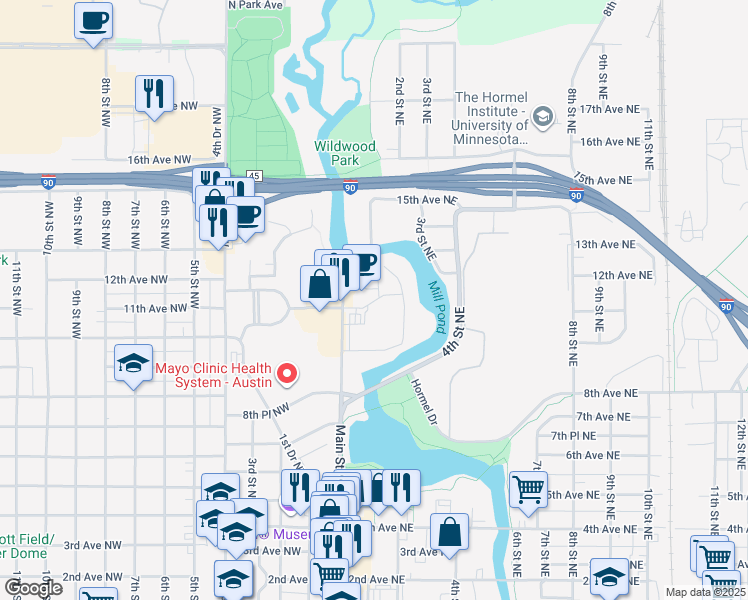 map of restaurants, bars, coffee shops, grocery stores, and more near 111 11th Avenue Northeast in Austin
