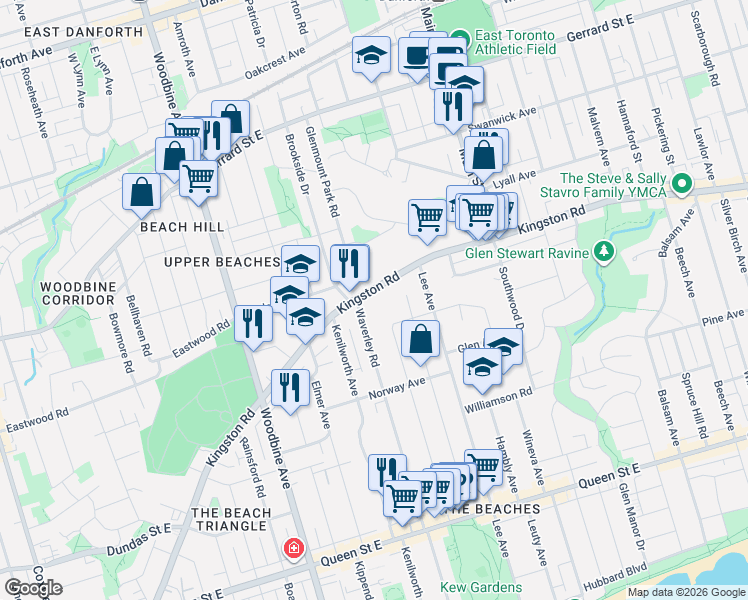 map of restaurants, bars, coffee shops, grocery stores, and more near 485 Kingston Road in Toronto