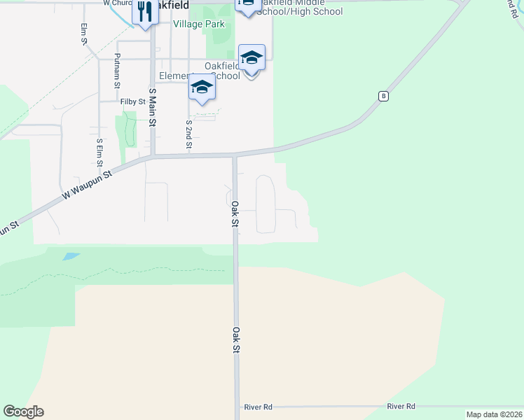 map of restaurants, bars, coffee shops, grocery stores, and more near 401 Leona Way in Oakfield