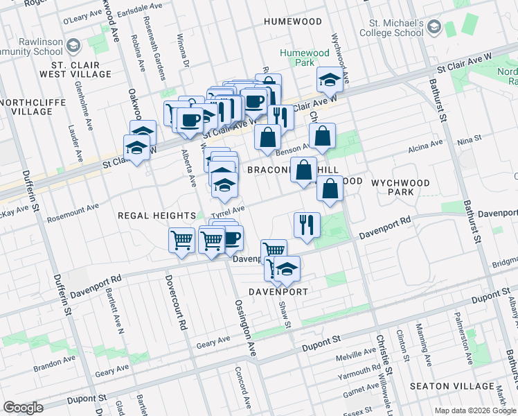 map of restaurants, bars, coffee shops, grocery stores, and more near 167 Tyrrel Avenue in Toronto