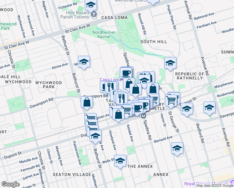 map of restaurants, bars, coffee shops, grocery stores, and more near in Toronto