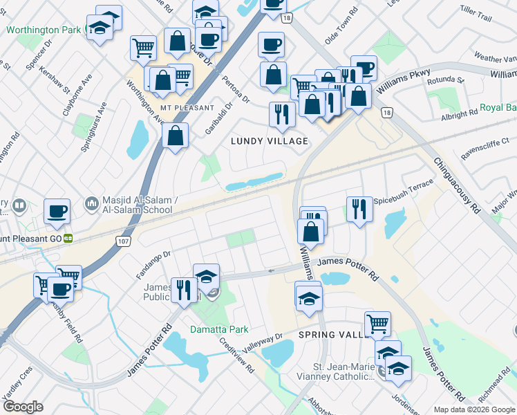 map of restaurants, bars, coffee shops, grocery stores, and more near 64 Ponymeadow Way in Brampton