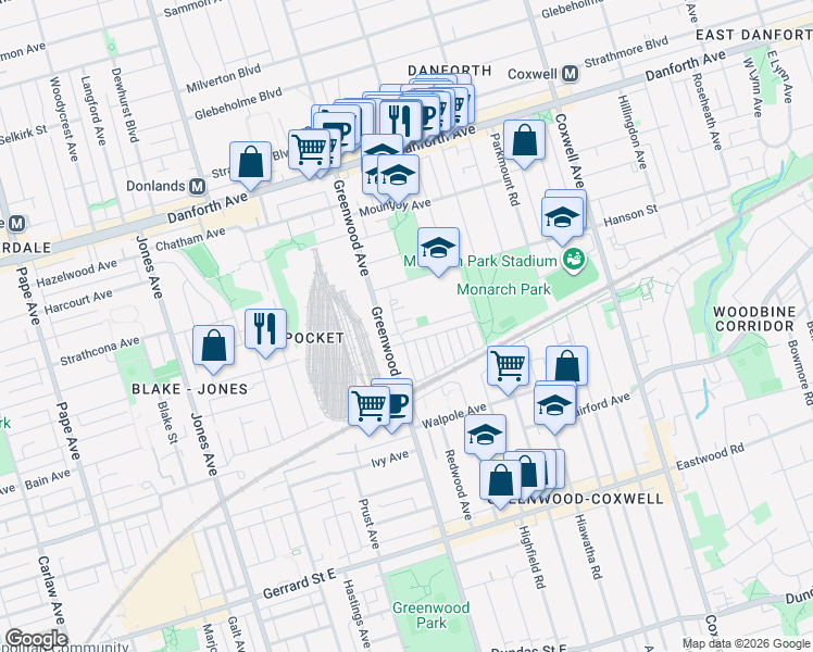 map of restaurants, bars, coffee shops, grocery stores, and more near 11 Quarry Court in Toronto