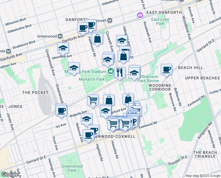 map of restaurants, bars, coffee shops, grocery stores, and more near 823 Craven Road in Toronto