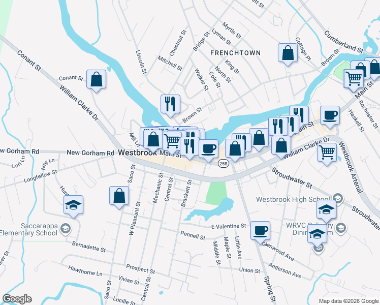 map of restaurants, bars, coffee shops, grocery stores, and more near 3 Bridge Street in Westbrook