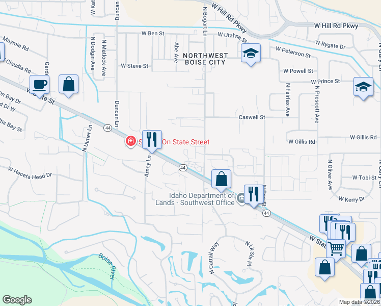 map of restaurants, bars, coffee shops, grocery stores, and more near 8763 West Pocono Lane in Garden City