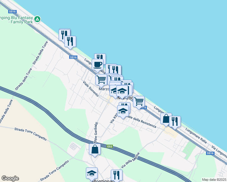 map of restaurants, bars, coffee shops, grocery stores, and more near 61 Via Giuseppe Garibaldi in Montignano-Marzocca