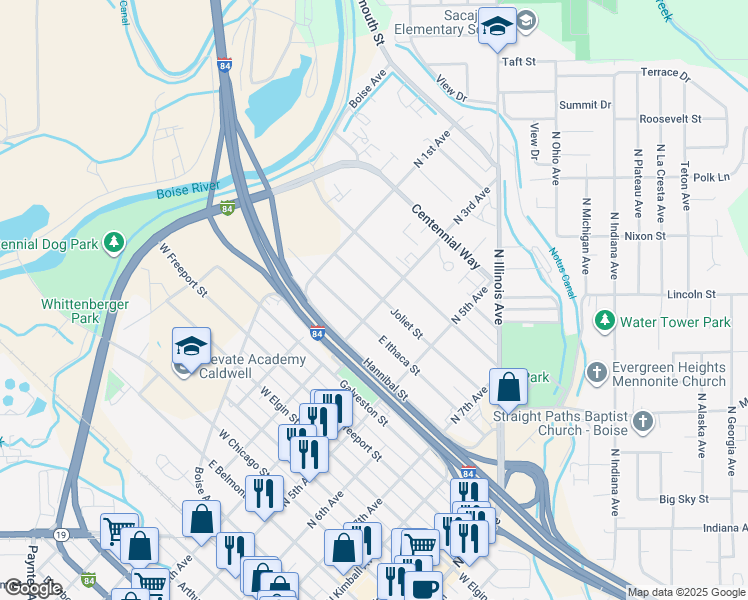 map of restaurants, bars, coffee shops, grocery stores, and more near 1019 N 3rd Ave in Caldwell