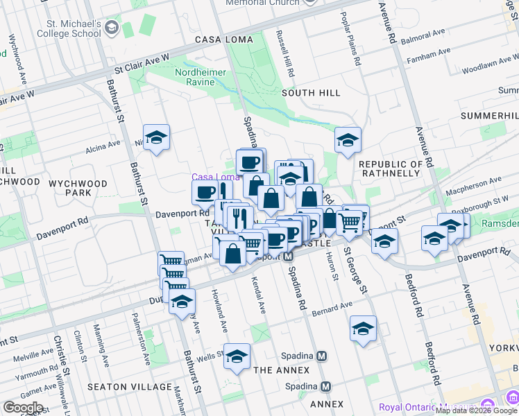 map of restaurants, bars, coffee shops, grocery stores, and more near in Toronto
