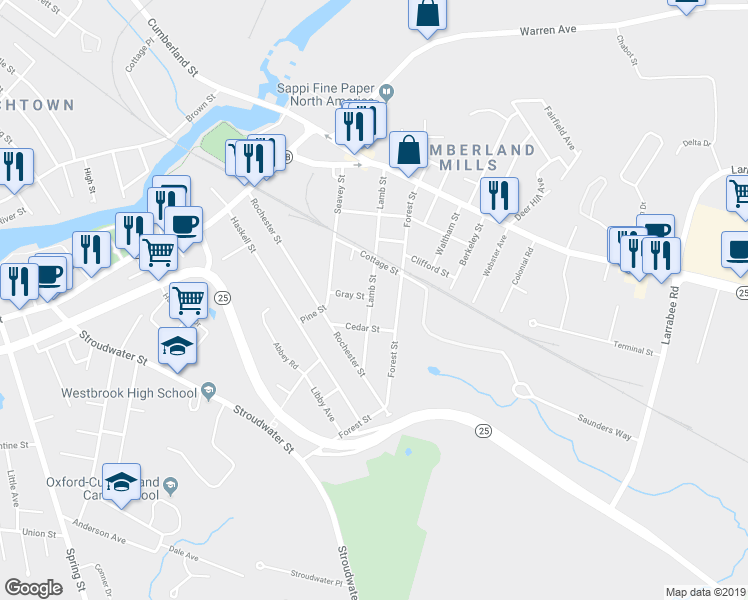 map of restaurants, bars, coffee shops, grocery stores, and more near 108 Lamb Street in Westbrook
