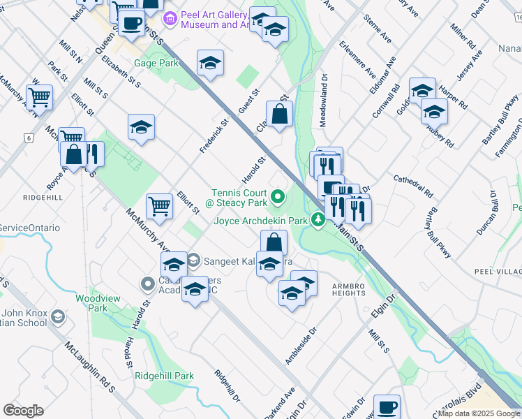 map of restaurants, bars, coffee shops, grocery stores, and more near 157 Elizabeth Street South in Brampton