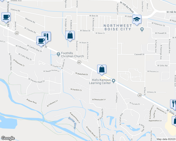 map of restaurants, bars, coffee shops, grocery stores, and more near 9173 West State Street in Garden City