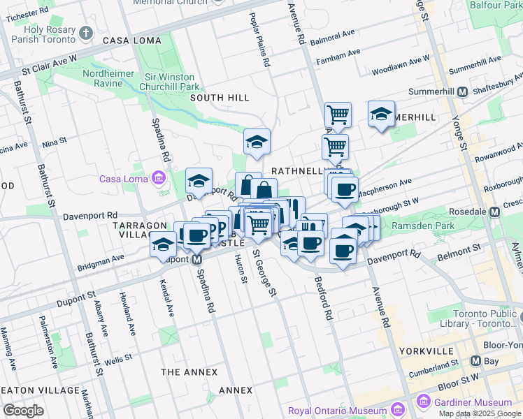 map of restaurants, bars, coffee shops, grocery stores, and more near 2 Poplar Plains Road in Toronto