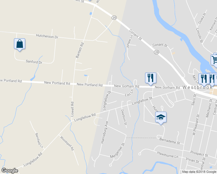 map of restaurants, bars, coffee shops, grocery stores, and more near 232 New Gorham Road in Gorham