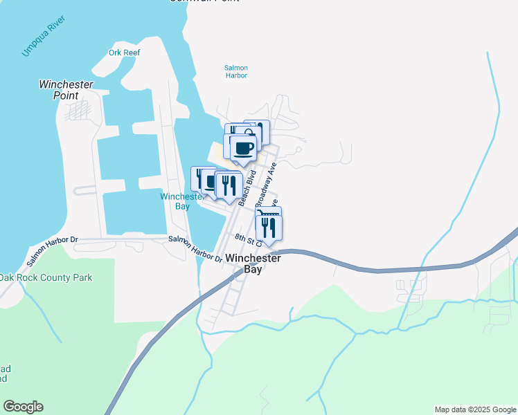 map of restaurants, bars, coffee shops, grocery stores, and more near in Winchester Bay