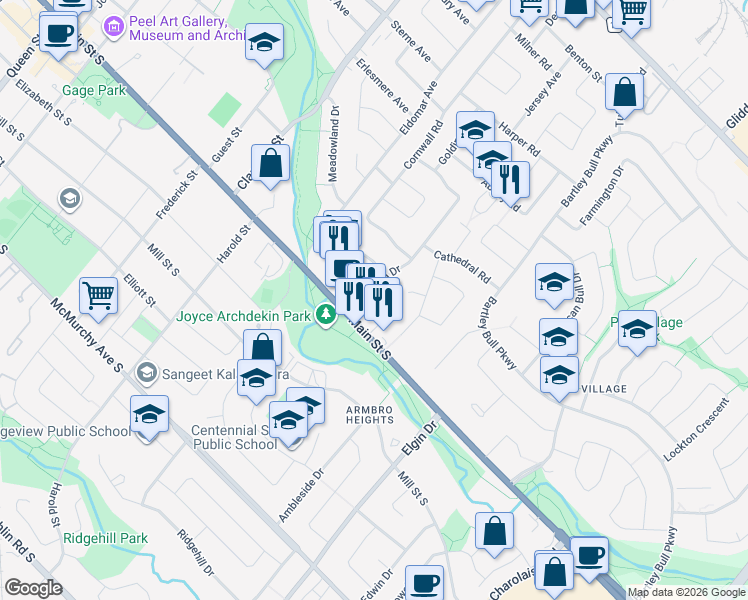 map of restaurants, bars, coffee shops, grocery stores, and more near 15 Nanwood Drive in Brampton