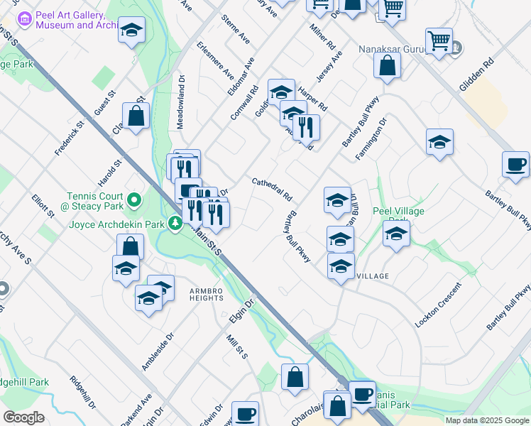 map of restaurants, bars, coffee shops, grocery stores, and more near 12 Core Crescent in Brampton