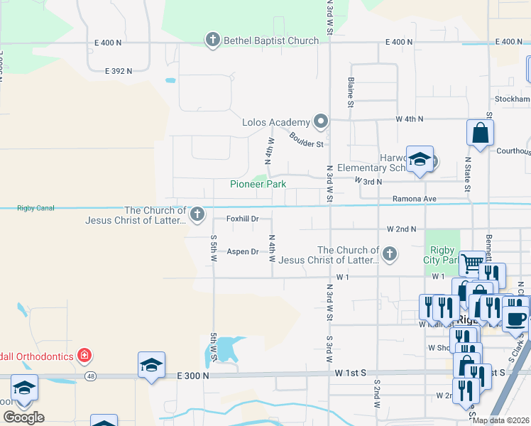 map of restaurants, bars, coffee shops, grocery stores, and more near 514 Foxhill Drive in Rigby