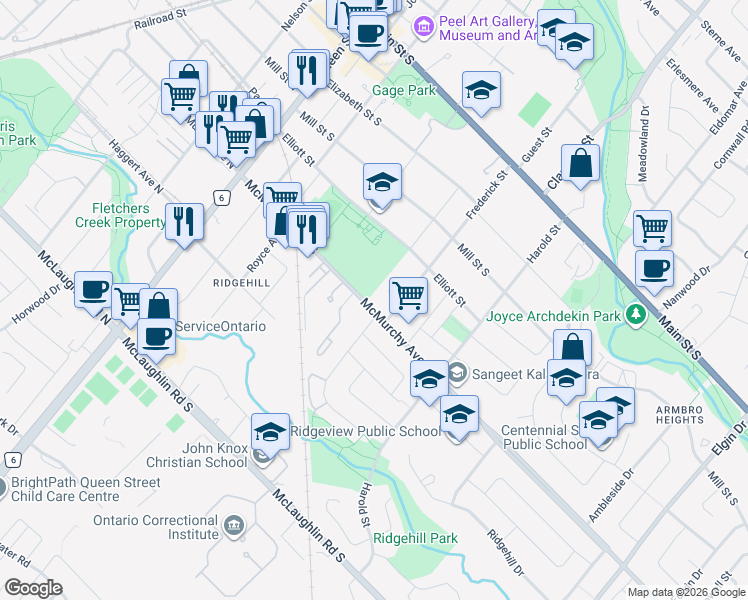 map of restaurants, bars, coffee shops, grocery stores, and more near 48 A McMurchy Avenue South in Brampton