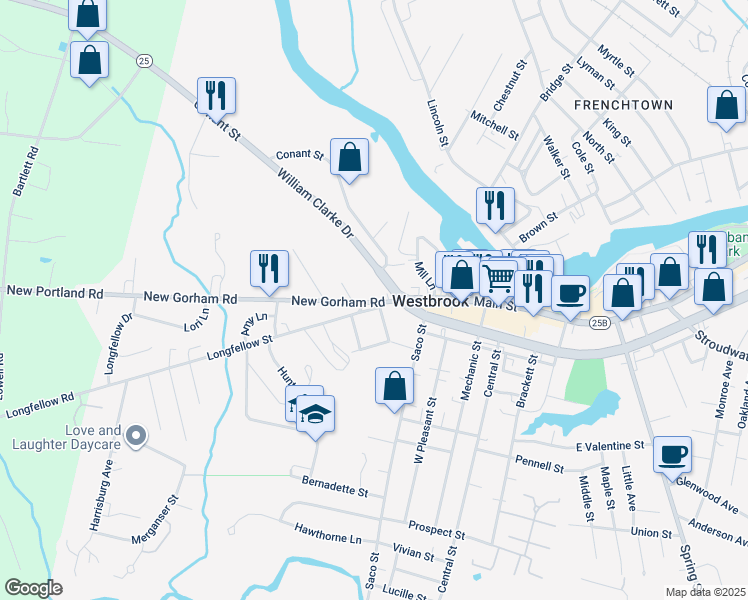 map of restaurants, bars, coffee shops, grocery stores, and more near 21 New Gorham Road in Westbrook