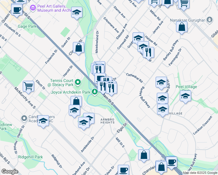 map of restaurants, bars, coffee shops, grocery stores, and more near 15 Nanwood Drive in Brampton