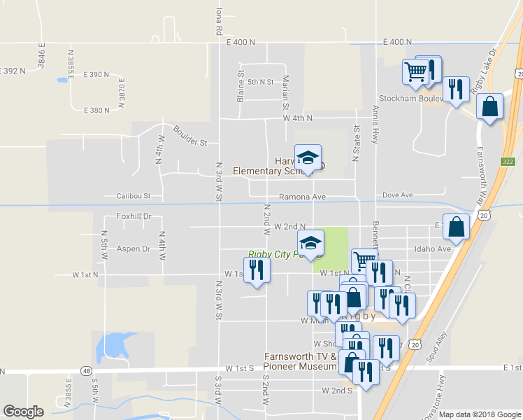 map of restaurants, bars, coffee shops, grocery stores, and more near 343 North 2nd West in Rigby