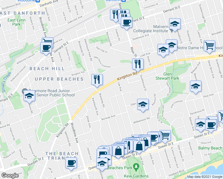 map of restaurants, bars, coffee shops, grocery stores, and more near 218 Wheeler Avenue in Toronto