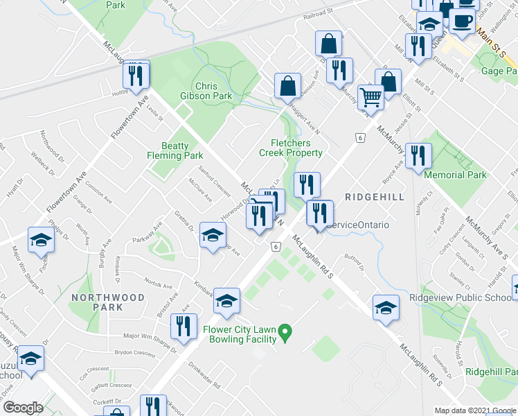 map of restaurants, bars, coffee shops, grocery stores, and more near 16 McLaughlin Road North in Brampton