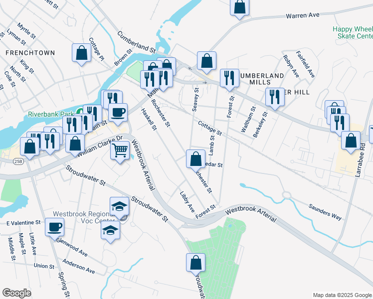 map of restaurants, bars, coffee shops, grocery stores, and more near 111 Rochester Street in Westbrook
