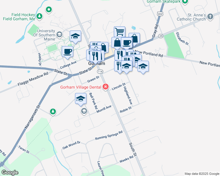 map of restaurants, bars, coffee shops, grocery stores, and more near 71 South Street in Gorham