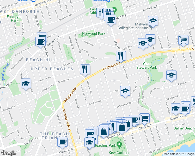 map of restaurants, bars, coffee shops, grocery stores, and more near in Toronto