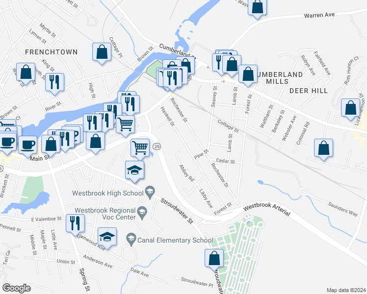 map of restaurants, bars, coffee shops, grocery stores, and more near 85 Haskell Street in Westbrook
