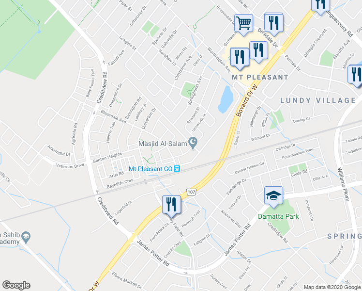 map of restaurants, bars, coffee shops, grocery stores, and more near Poppythorn Road in Brampton