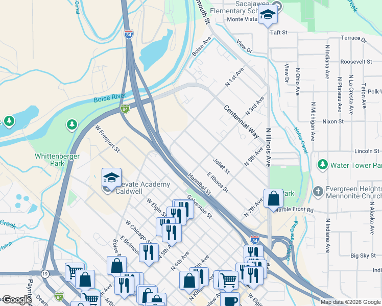 map of restaurants, bars, coffee shops, grocery stores, and more near 203 East Ithaca Street in Caldwell