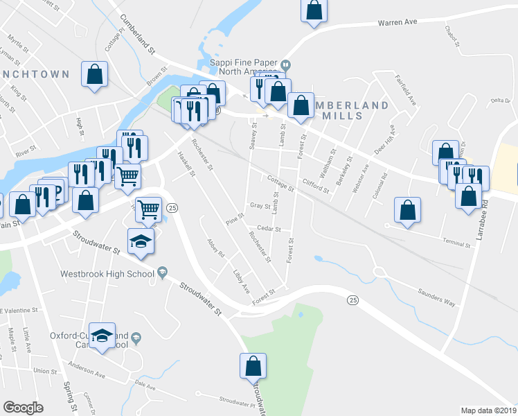 map of restaurants, bars, coffee shops, grocery stores, and more near 20 Gray Street in Westbrook
