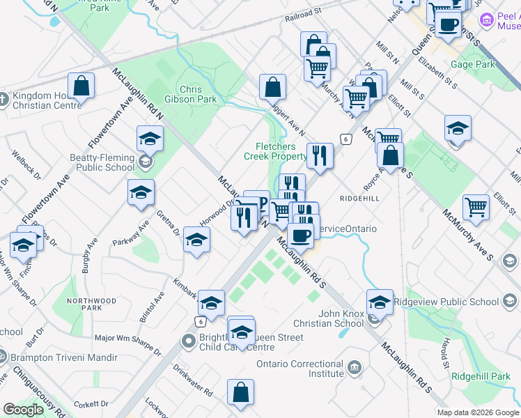 map of restaurants, bars, coffee shops, grocery stores, and more near 9 McLaughlin Road North in Brampton