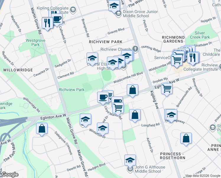 map of restaurants, bars, coffee shops, grocery stores, and more near 73 Widdicombe Hill Boulevard in Toronto