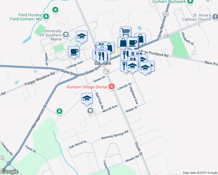 map of restaurants, bars, coffee shops, grocery stores, and more near 71 South Street in Gorham