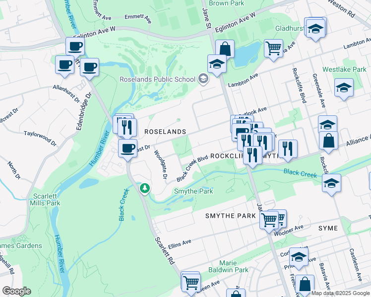 map of restaurants, bars, coffee shops, grocery stores, and more near 59 East Drive in Toronto