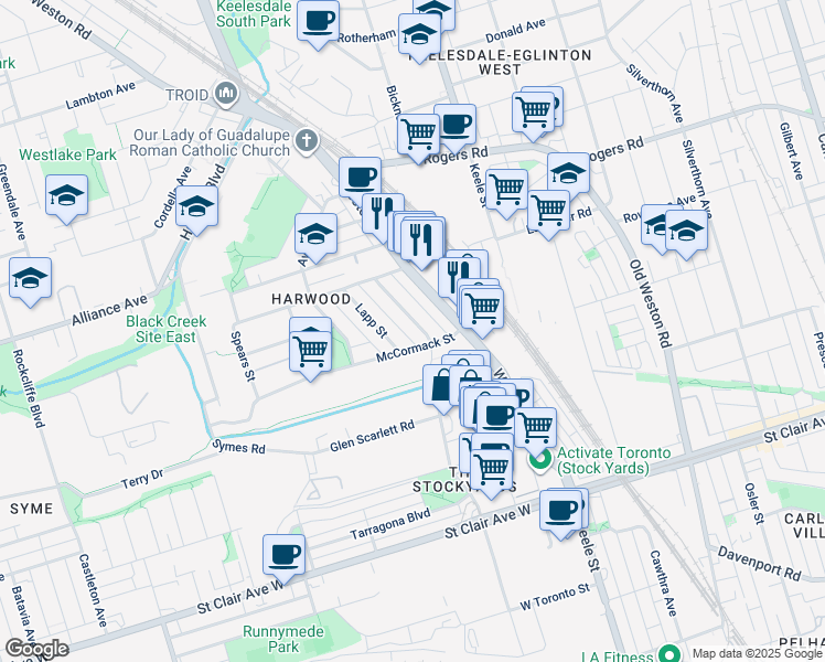 map of restaurants, bars, coffee shops, grocery stores, and more near 424 Maybank Avenue in Toronto