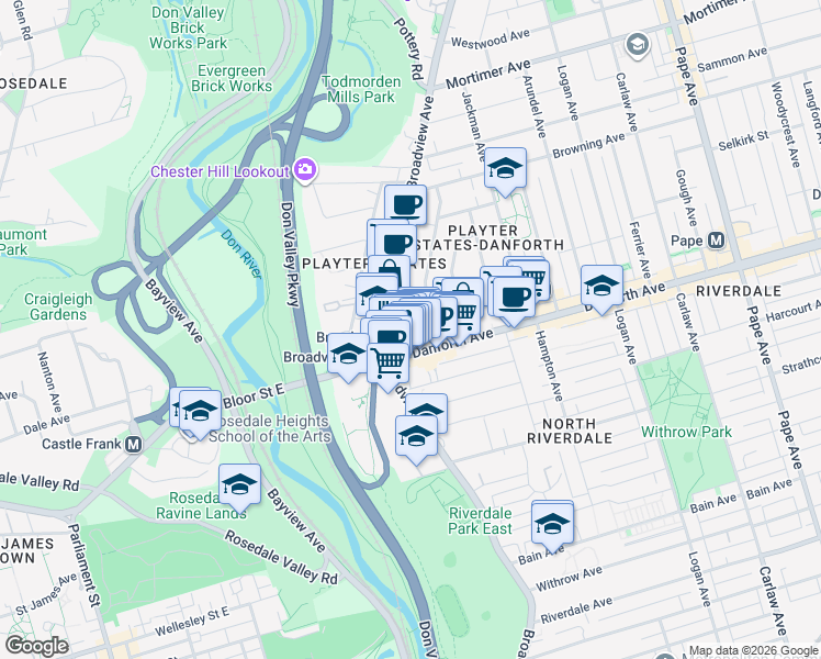 map of restaurants, bars, coffee shops, grocery stores, and more near 4117 Erindale Avenue in Toronto