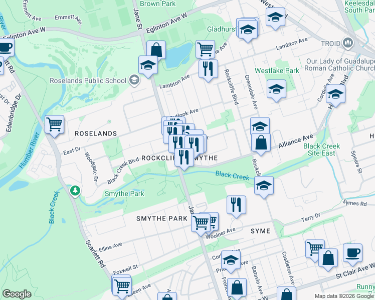 map of restaurants, bars, coffee shops, grocery stores, and more near 881 Jane Street in Toronto
